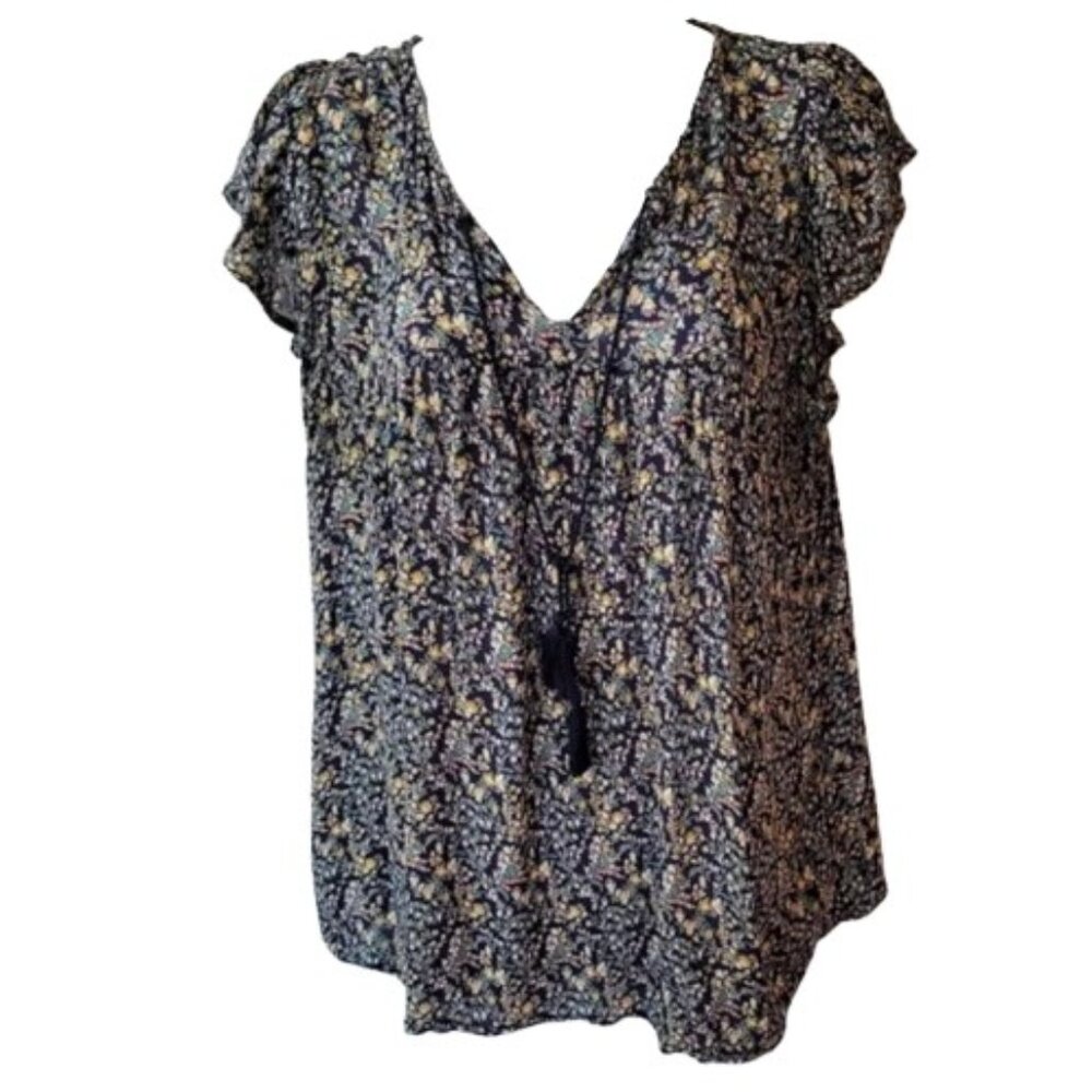 Old Navy Boho Floral Tassel Tie Peasant Top XL Navy Rayon